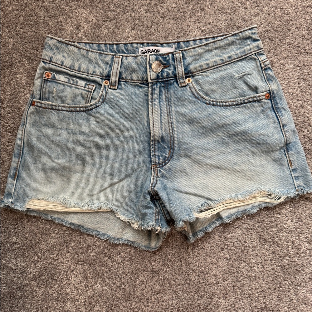 Garage Light Blue Frayed Hem Jean Shorts